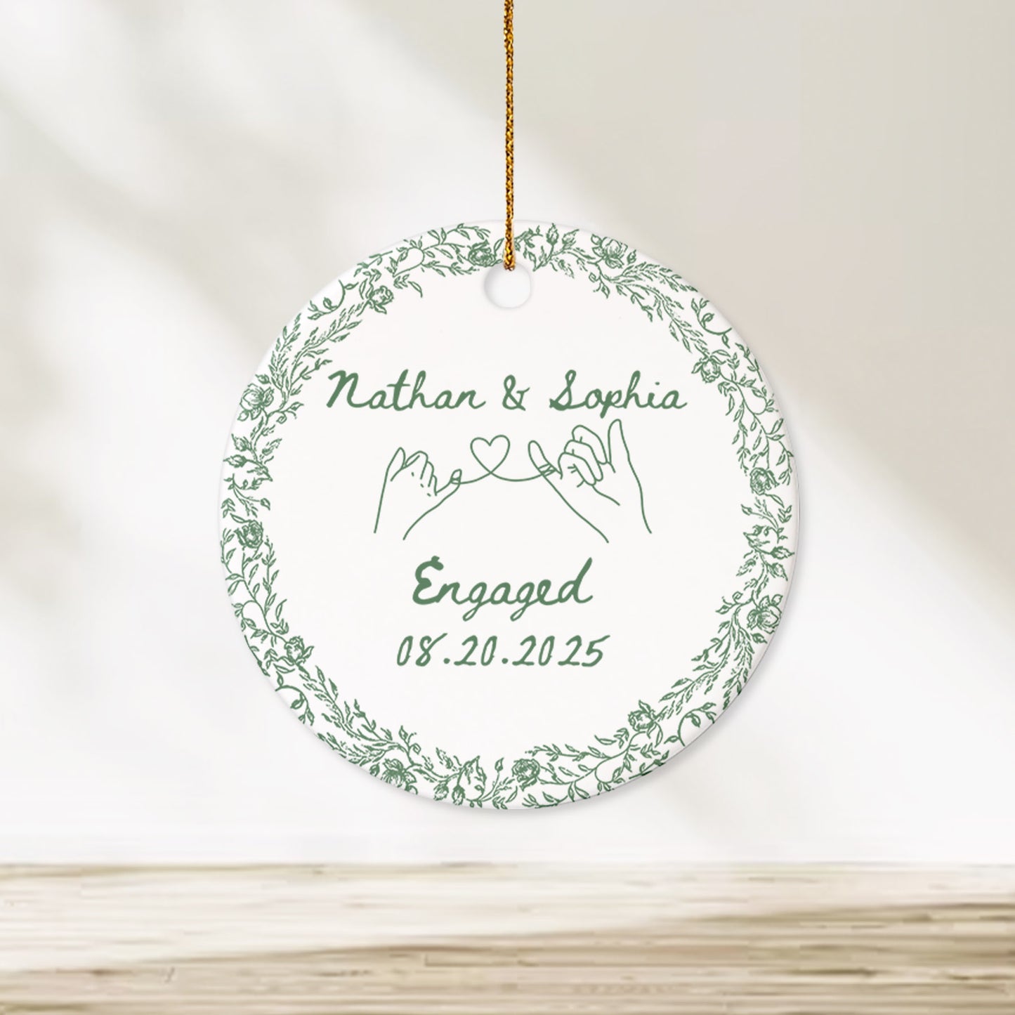 Custom Engagement Toile de Jouy Ceramic Ornament β Personalized Couple Keepsake Engagement Gift