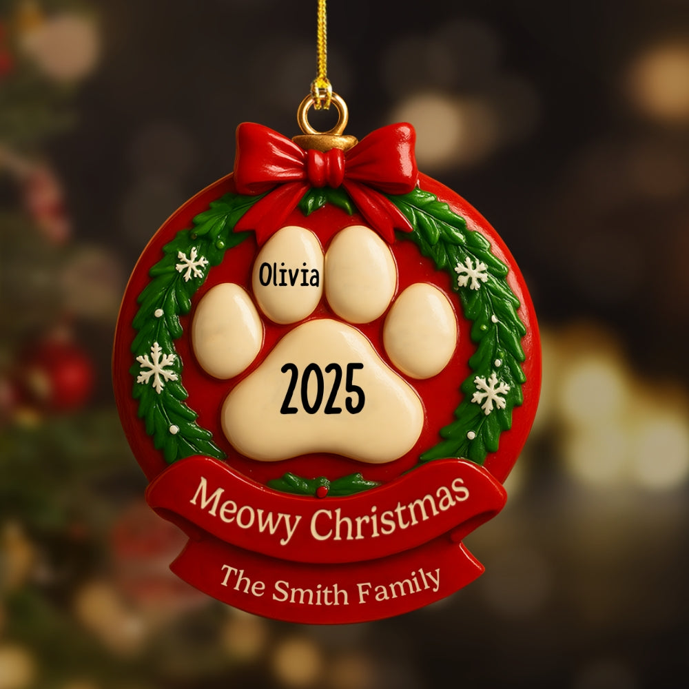 Our Purrfect Christmas Ceramic Ornament – Personalized Pet Paw Print with Names & Family Customization