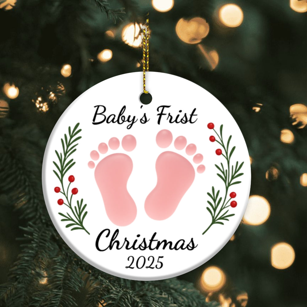 Custom Baby’s First Christmas Ceramic Ornament 2025 – Personalized Footprint Design, Pink & Blue Options, Newborn Keepsake Gift