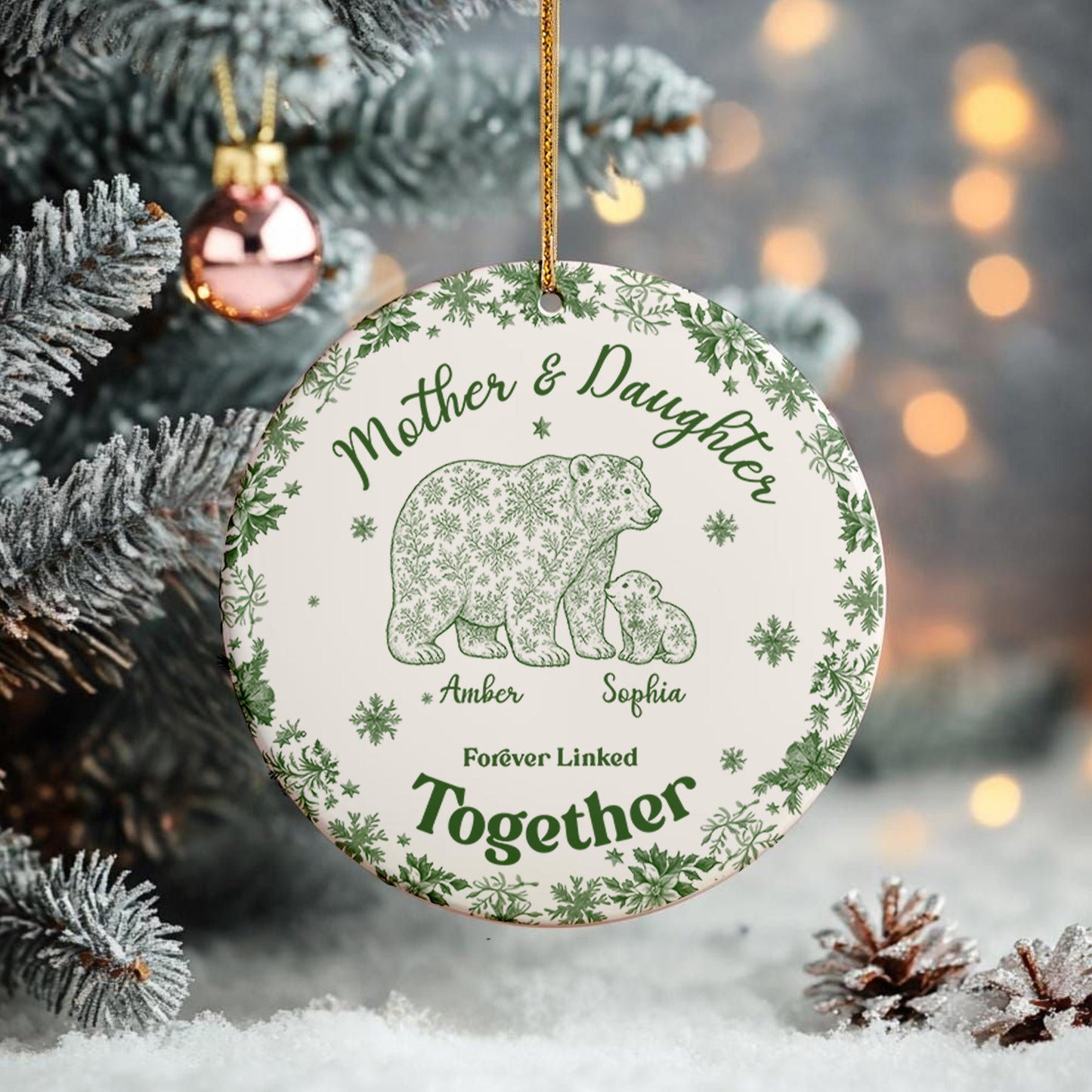 Custom Bear Toile de Jouy Ceramic Ornament β Personalized Circle Ceramic Gift for Mom & Daughter/Son, Forever Linked Together