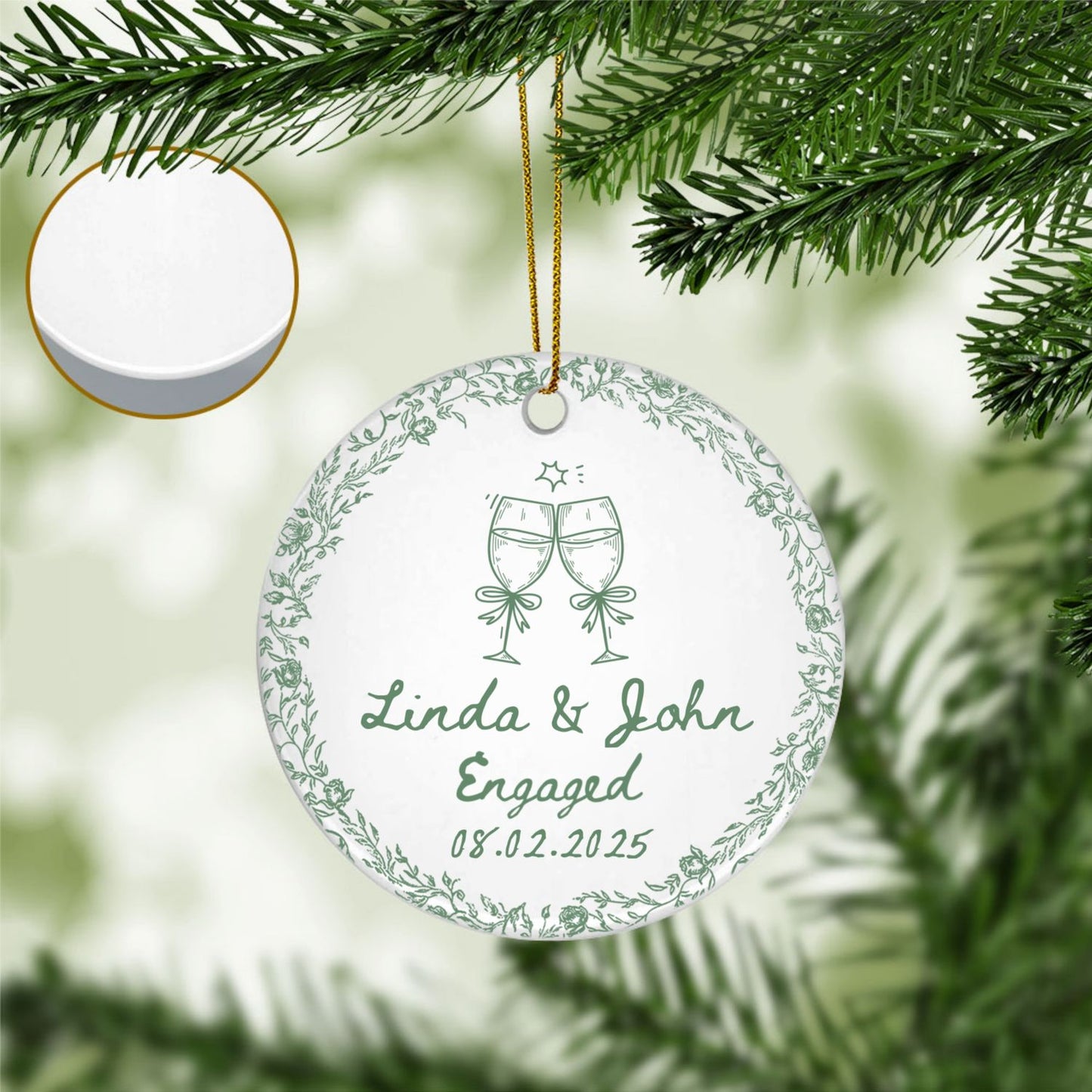 Personalized Engagement Ceramic Ornament - Custom Toile de Jouy Ceramic Keepsake for Engaged Couples