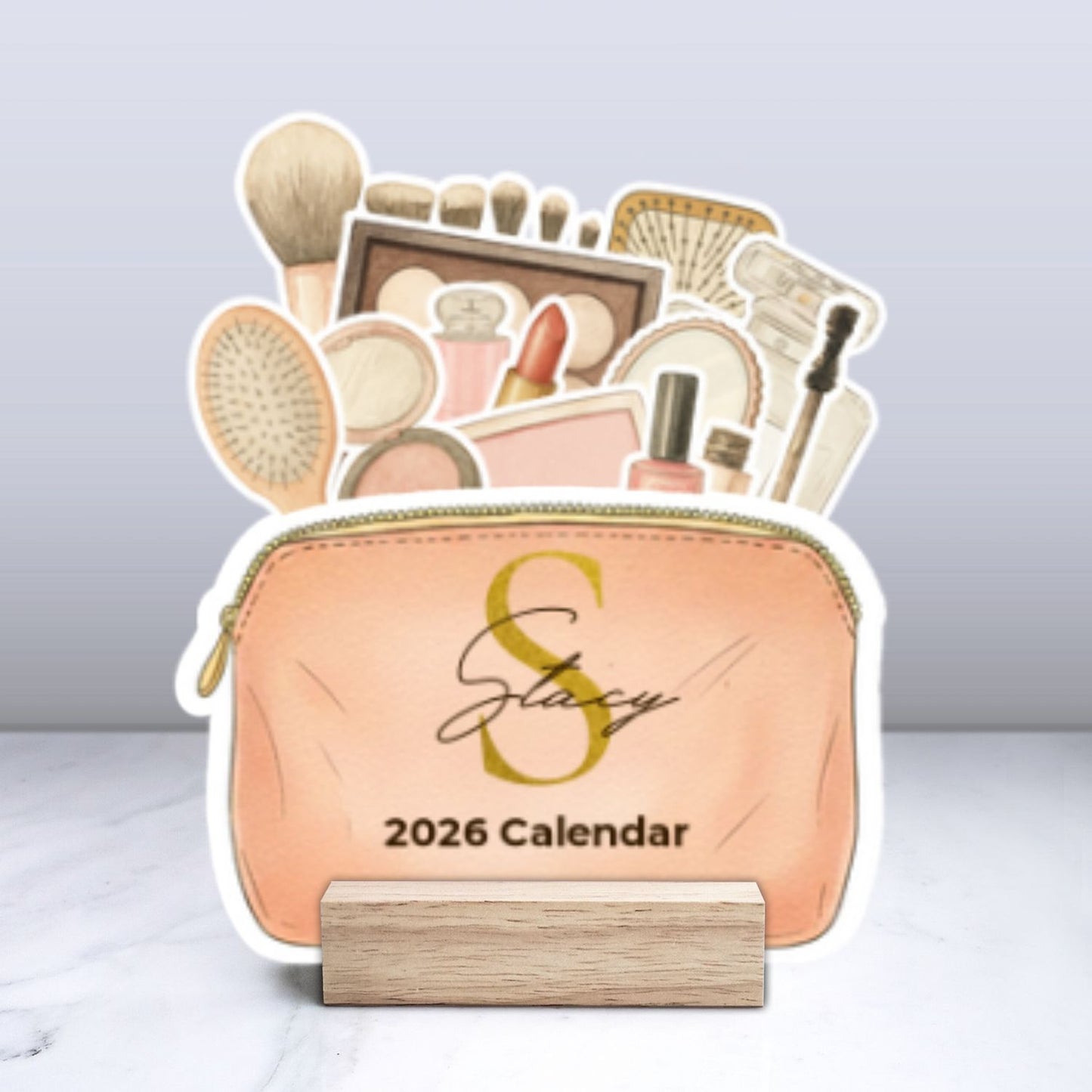 Custom Makeup Bag 2026 Calendar with Wooden Stand – Personalized Cosmetic Organizer Desk Decoration Gift