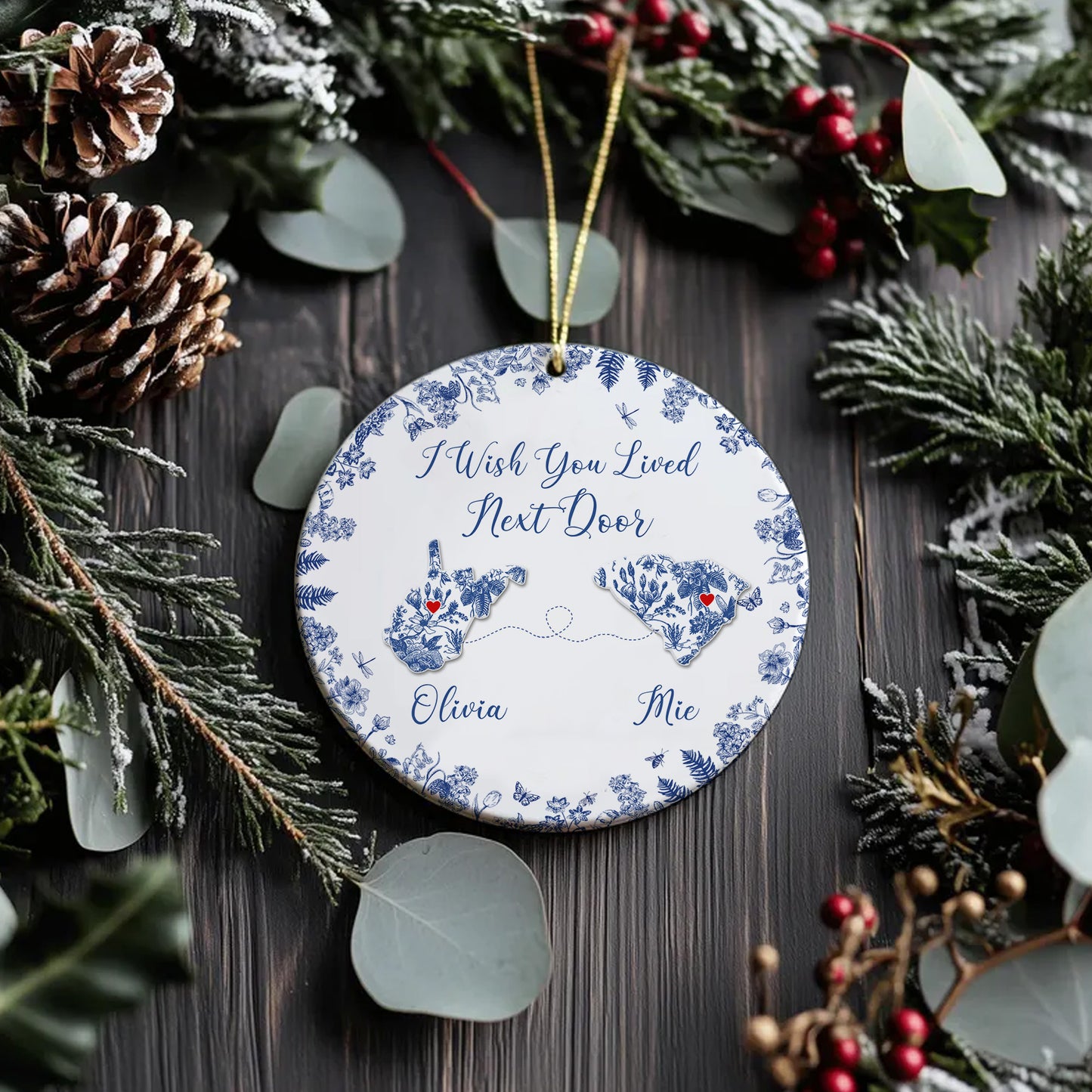 Custom Long-Distance State Ornament β Personalized Map Ornament with Names β Friendship or Family Christmas Gift