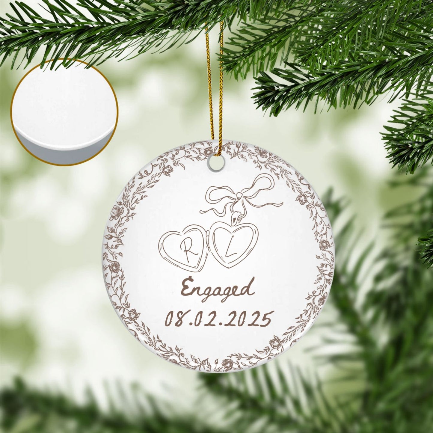 Personalized Engagement Ceramic Ornament β Custom Couple Gift with Toile de Jouy Design