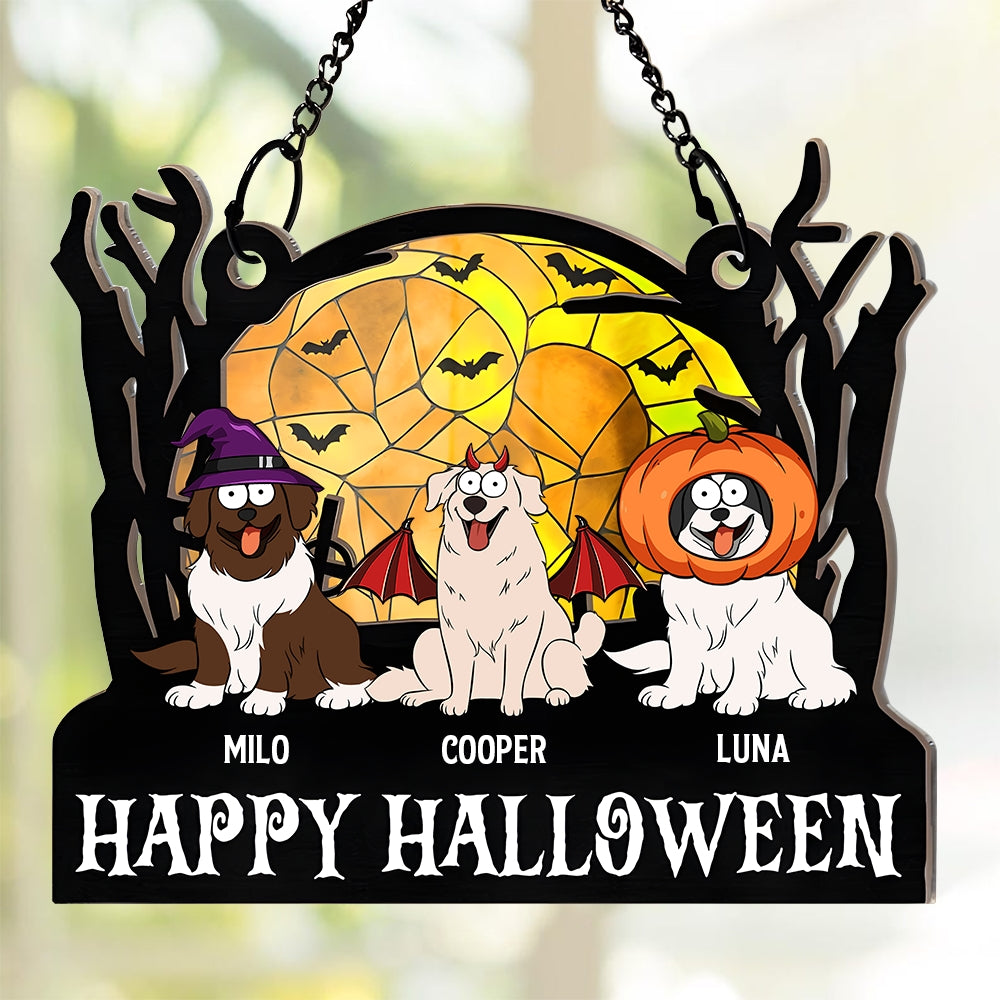 Happy Dogs Halloween Pets - Personalized Window Hanging Suncatcher Ornament