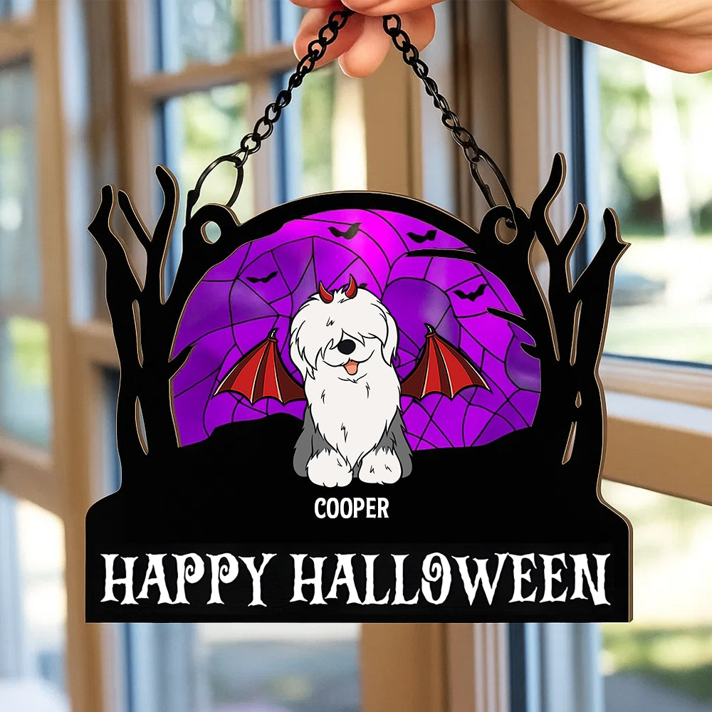 Happy Dogs Halloween Pets - Personalized Window Hanging Suncatcher Ornament