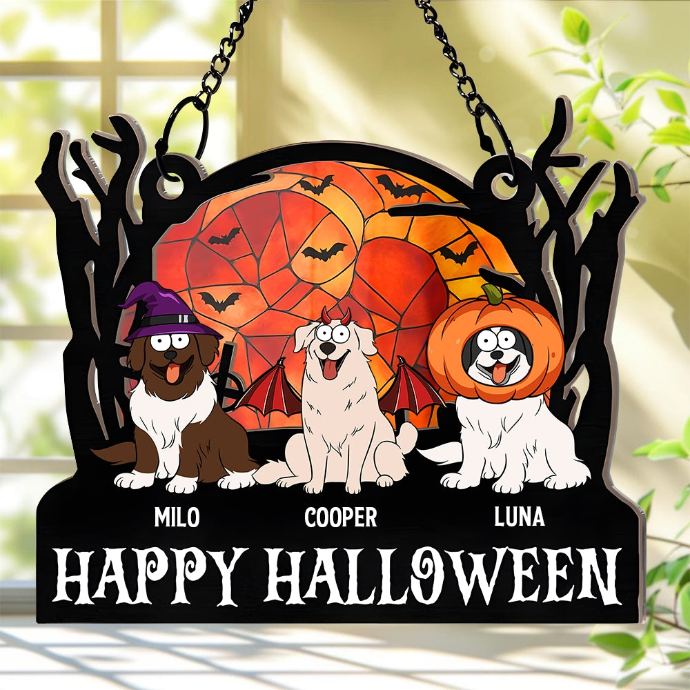 Happy Dogs Halloween Pets - Personalized Window Hanging Suncatcher Ornament