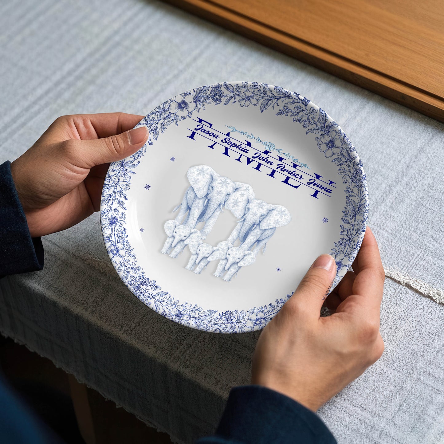 Custom Elephant Family Ceramic Plate with Stand – Personalized Gift for Home & Family Decor