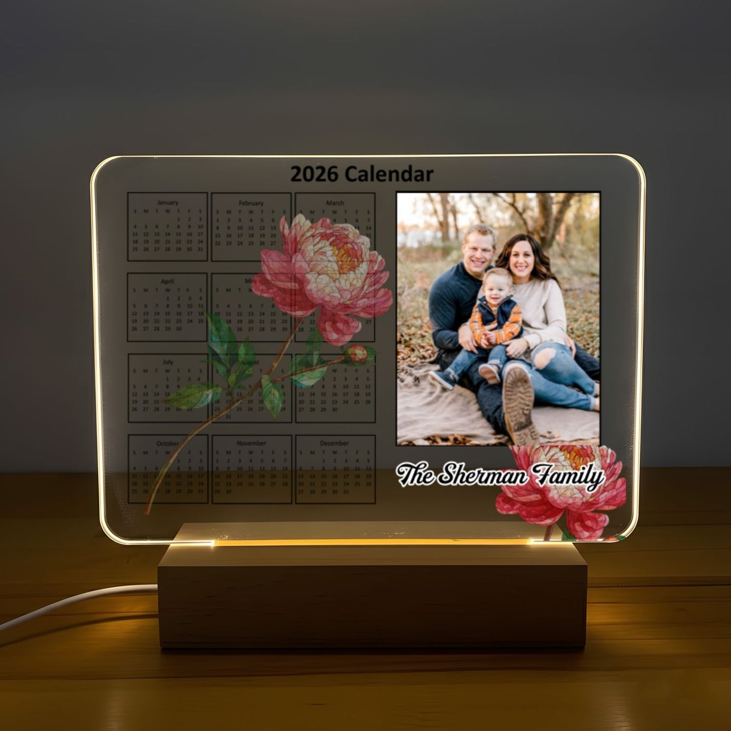 Custom Photo Acrylic Light Calendar 2026 -Personalized LED Desk Lamp with Family Name Monthly Flower Gift for Mom Dad Couple Family Home Decor