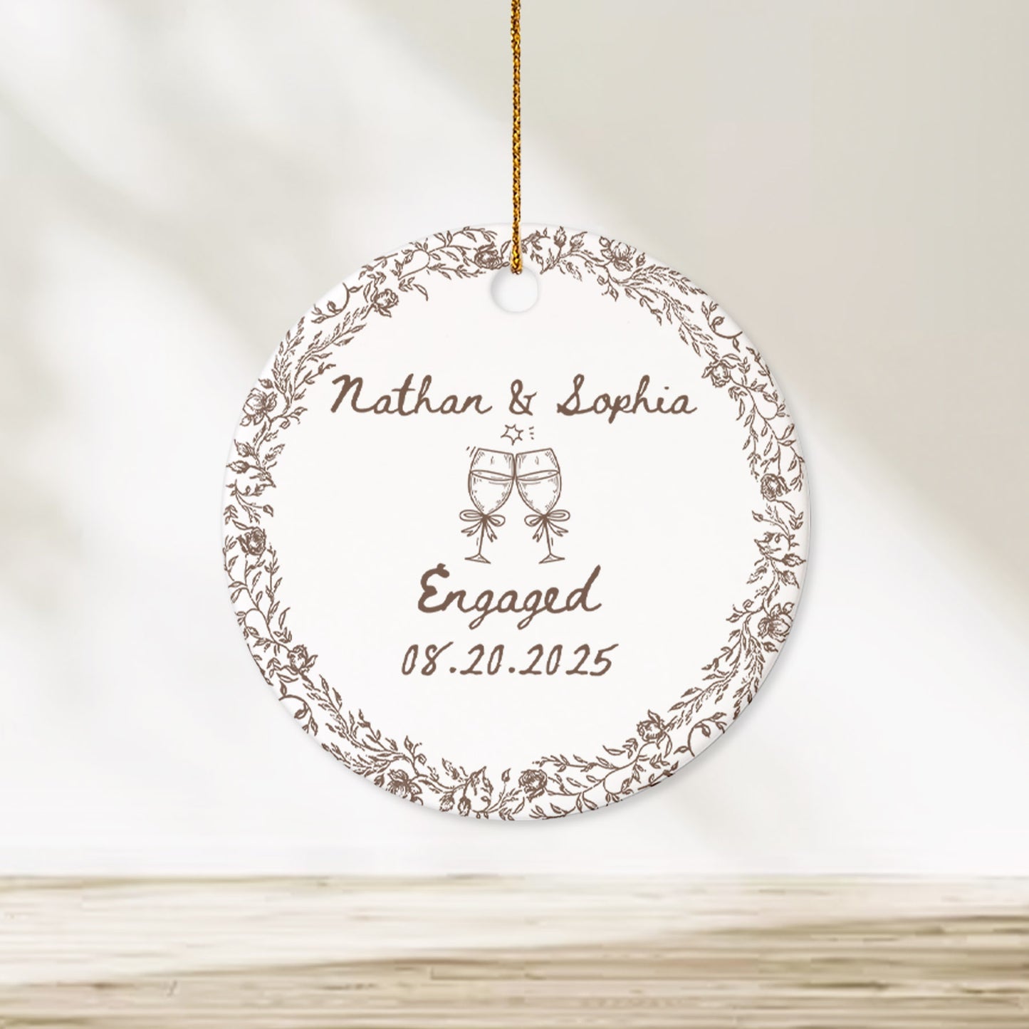 Custom Engagement Toile de Jouy Ceramic Ornament β Personalized Couple Keepsake Engagement Gift