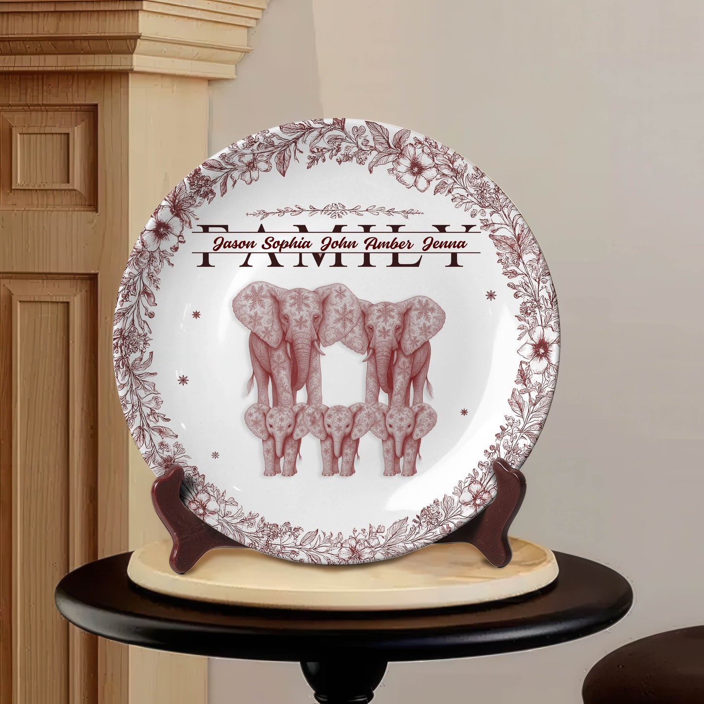 Custom Elephant Family Ceramic Plate with Stand – Personalized Gift for Home & Family Decor
