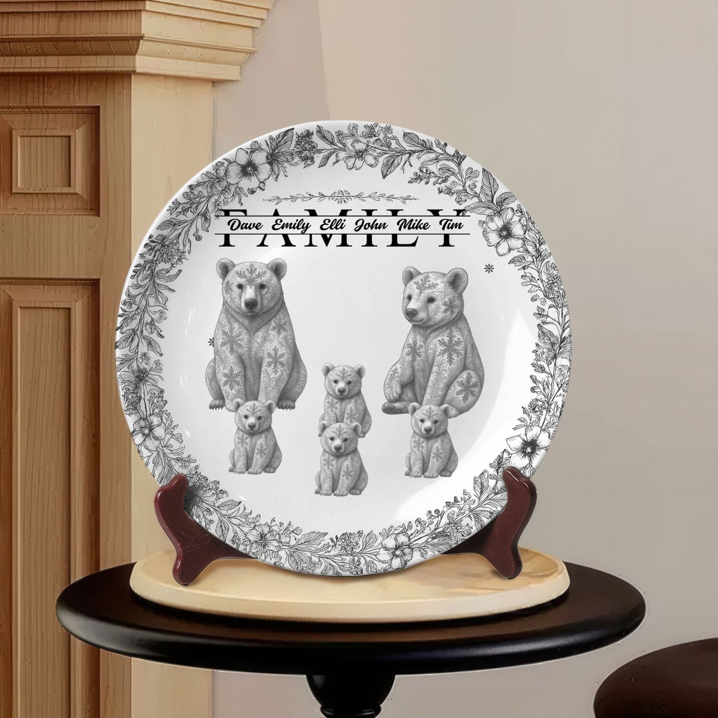 Custom Bear Family Ceramic Plate with Stand – Personalized Gift for Home & Family Decor