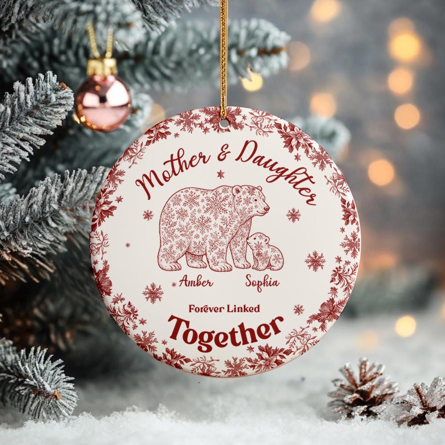 Custom Bear Toile de Jouy Ceramic Ornament β Personalized Circle Ceramic Gift for Mom & Daughter/Son, Forever Linked Together