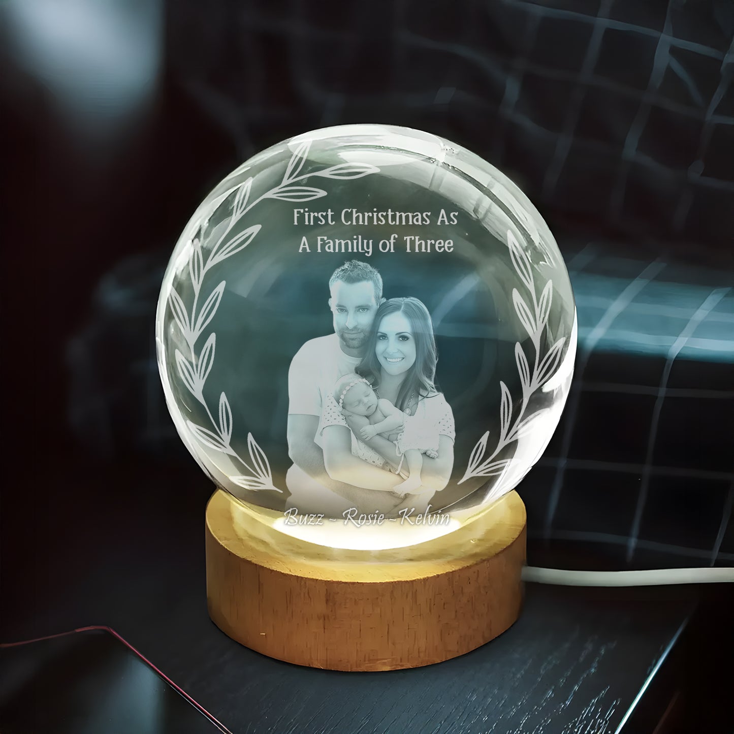 Round Custom Picture Crystal Night Light – Personalized with Photo, Names & Family Size