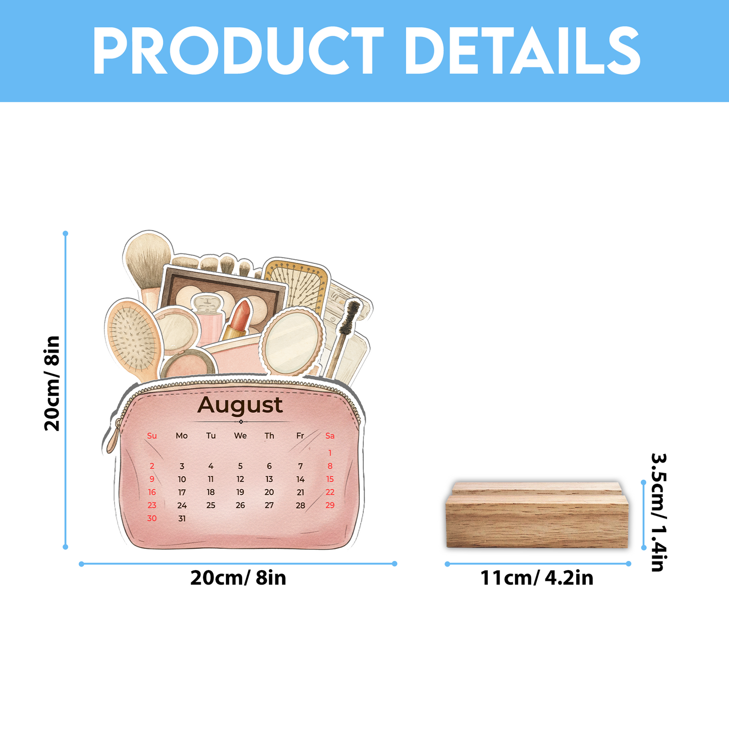 Custom Makeup Bag 2026 Calendar with Wooden Stand – Personalized Cosmetic Organizer Desk Decoration Gift