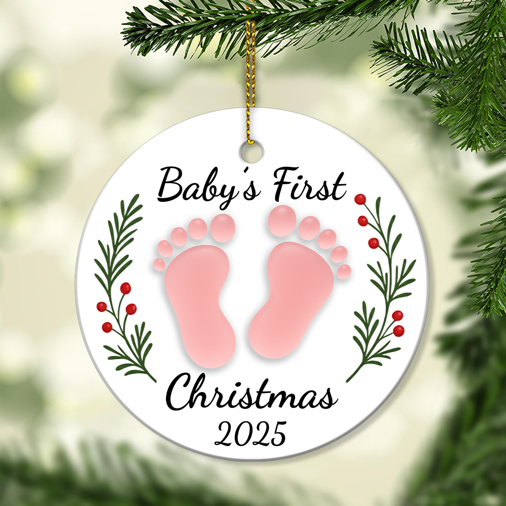 Custom Baby’s First Christmas Ceramic Ornament 2025 – Personalized Footprint Design, Pink & Blue Options, Newborn Keepsake Gift