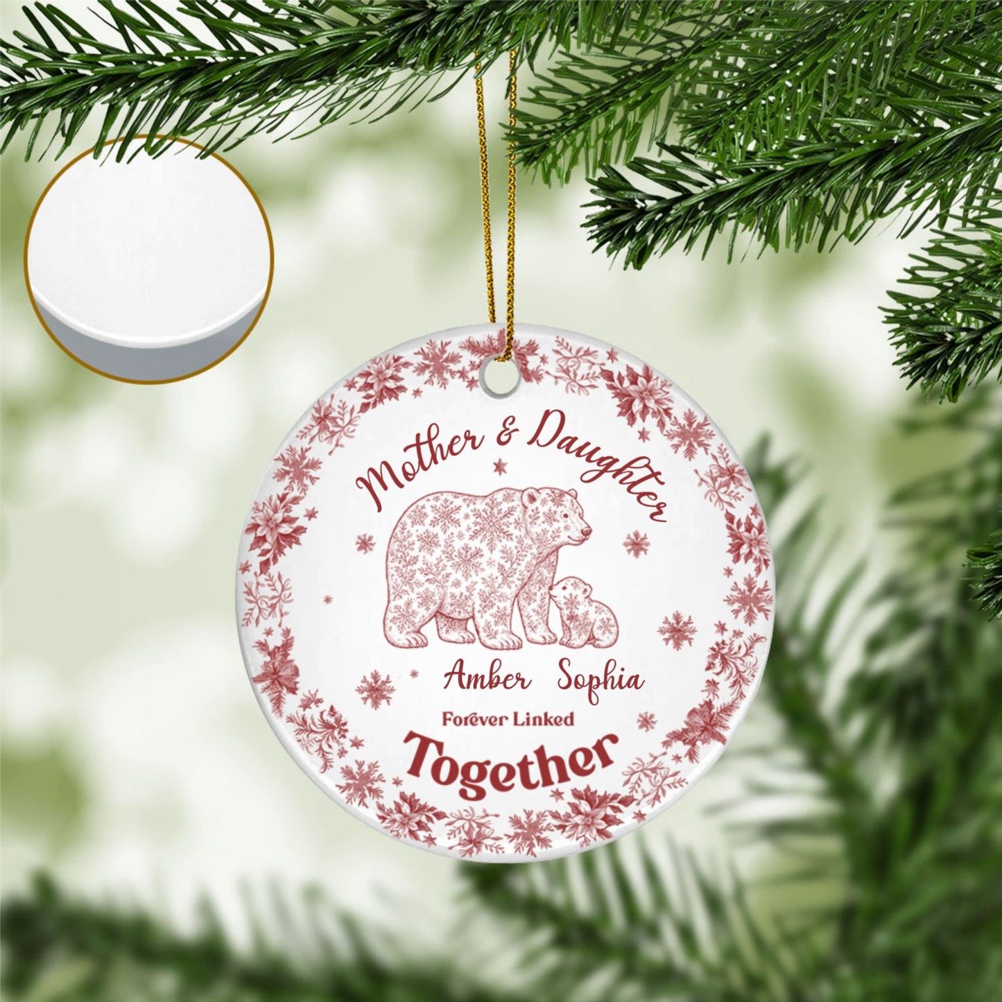 Custom Bear Toile de Jouy Ceramic Ornament β Personalized Circle Ceramic Gift for Mom & Daughter/Son, Forever Linked Together