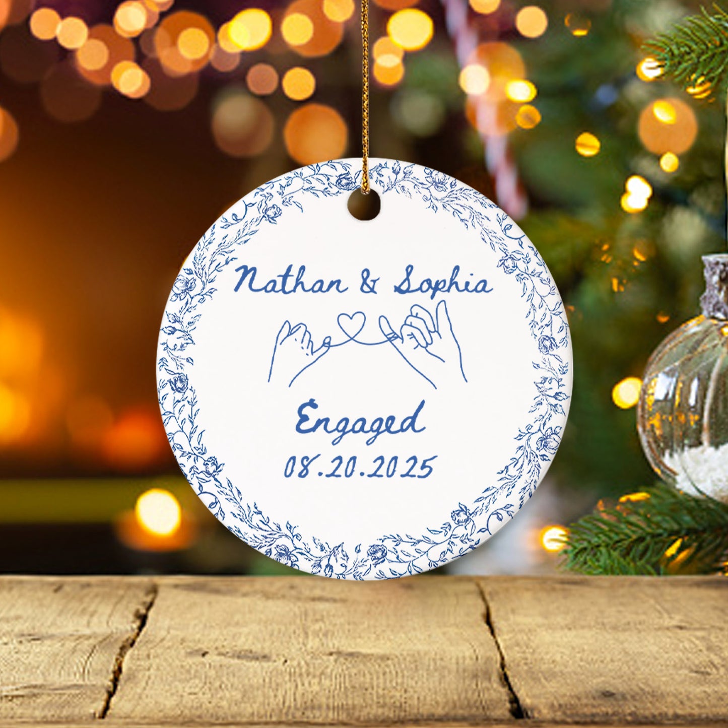 Custom Engagement Toile de Jouy Ceramic Ornament β Personalized Couple Keepsake Engagement Gift