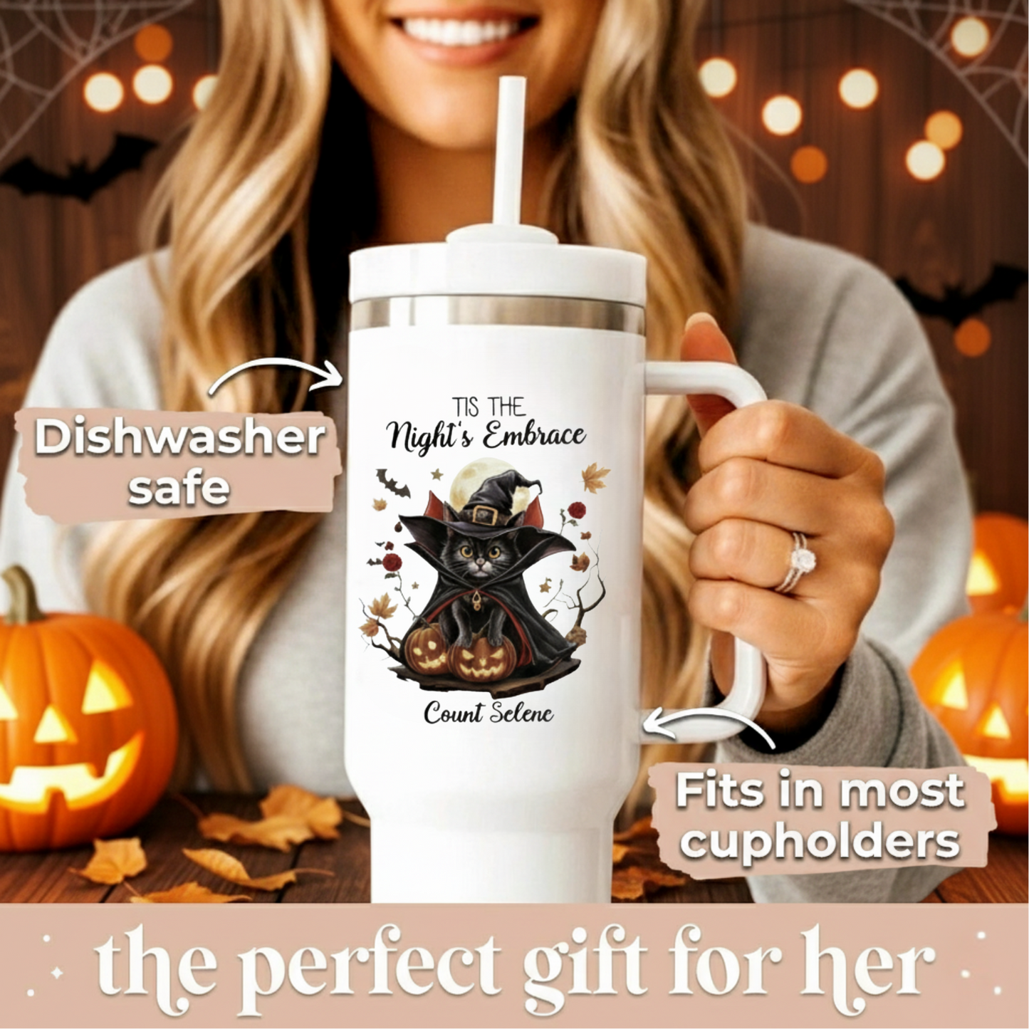 Custom Halloween Tumbler for Cat Lovers | Personalized Black Cat & Ghost Design | 20oz or 40oz Halloween Travel Cup | Perfect Customizable Gift for Halloween | Halloween Gift for Lovers, Mom