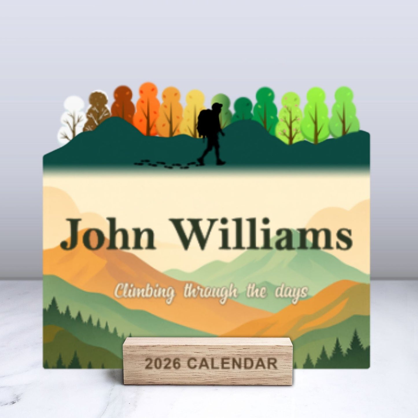 Custom Name Calendar 2026 with Wooden Stand – Personalized Adventure Desk Calendar - Climbing Through The Days