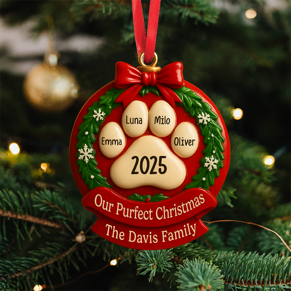 Our Purrfect Christmas Ceramic Ornament – Personalized Pet Paw Print with Names & Family Customization
