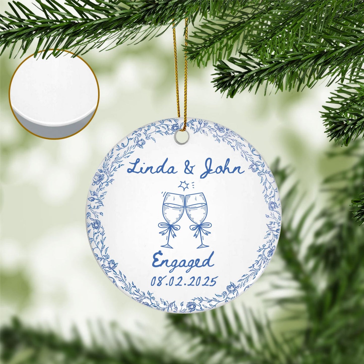 Custom Engagement Toile de Jouy Ceramic Ornament β Personalized Couple Keepsake Engagement Gift
