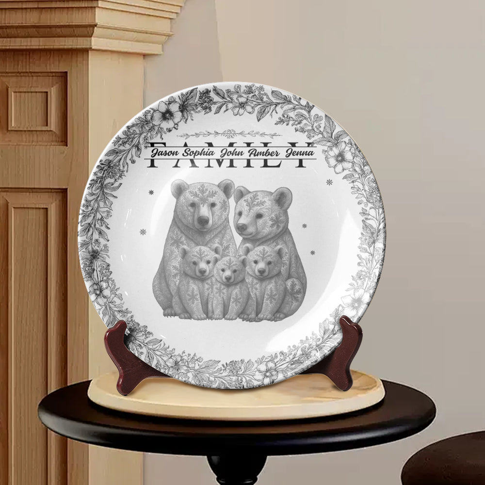 Custom Bear Family Ceramic Plate with Stand – Personalized Gift for Home & Family Decor