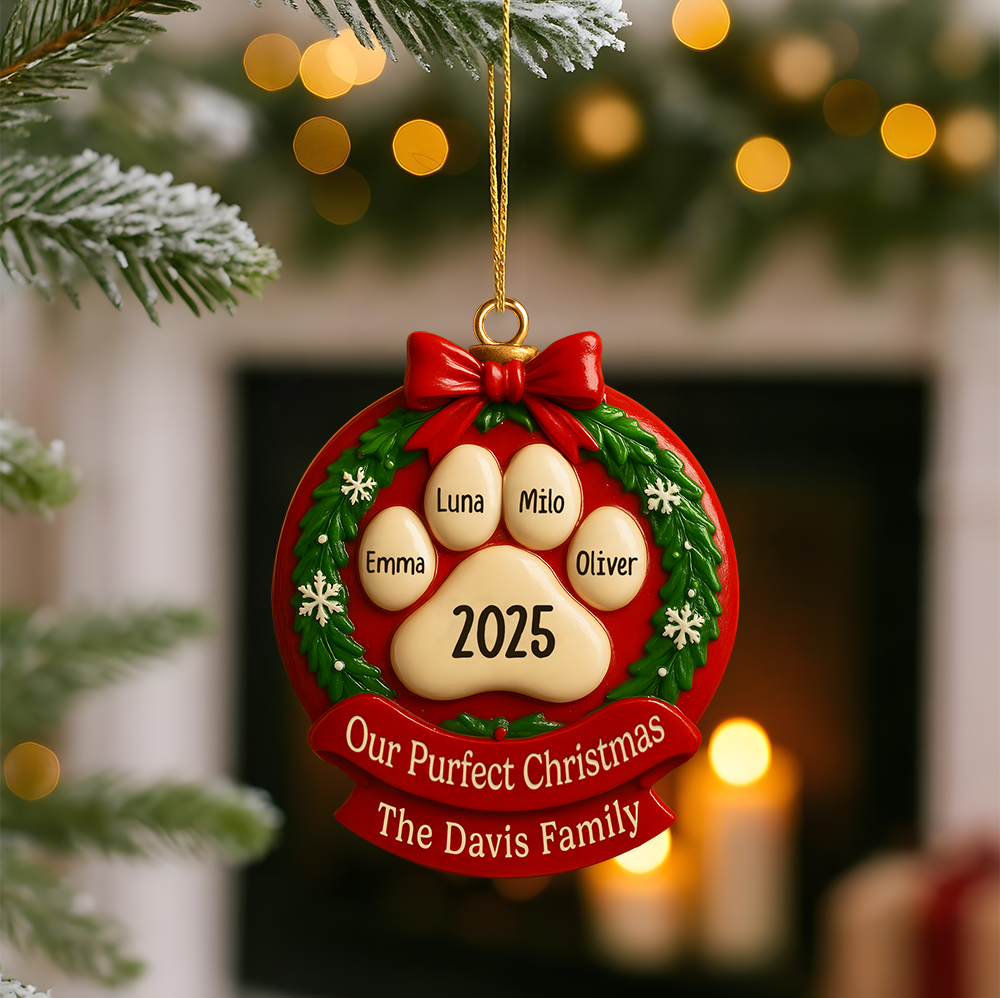 Our Purrfect Christmas Ceramic Ornament – Personalized Pet Paw Print with Names & Family Customization