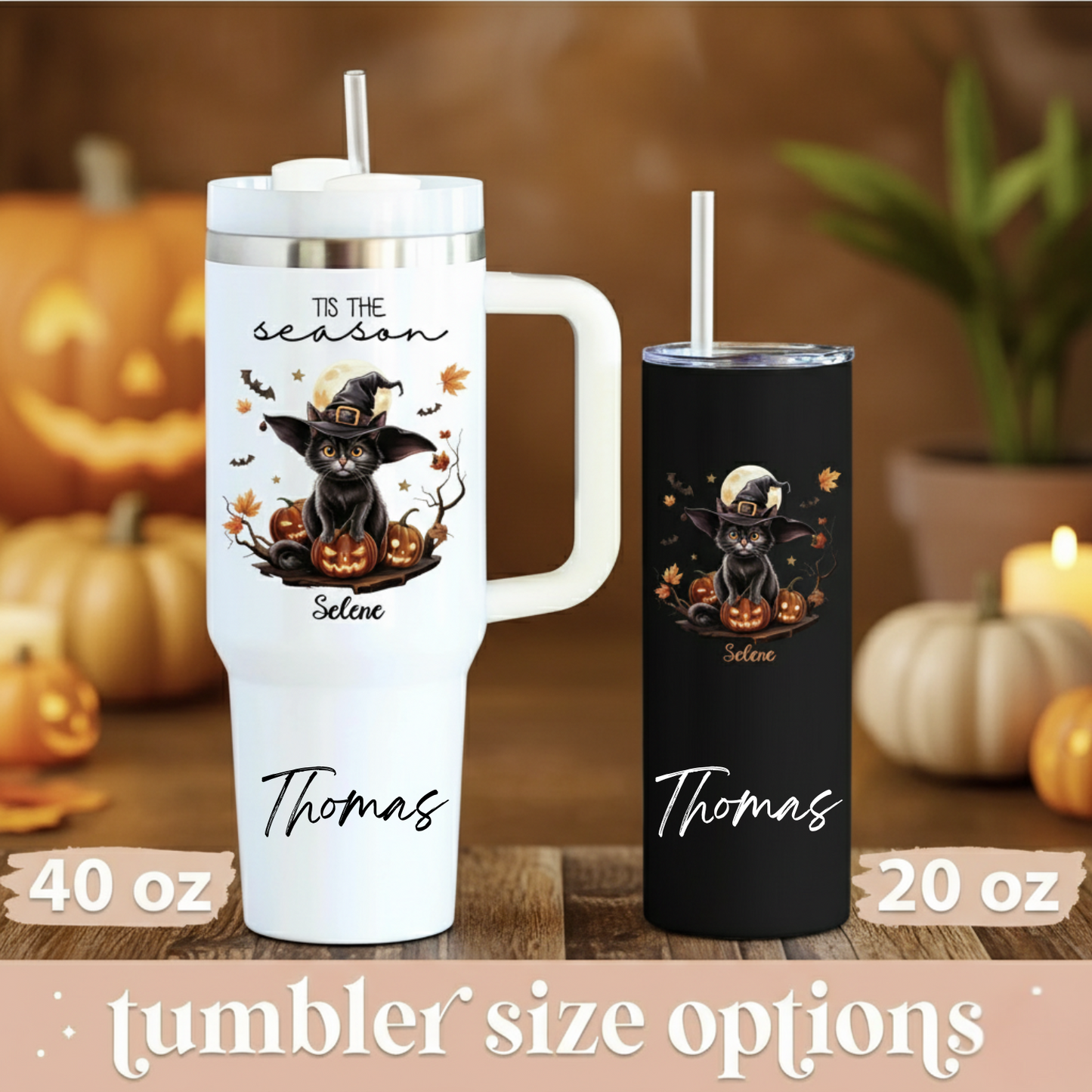 Custom Halloween Tumbler for Cat Lovers | Personalized Black Cat & Ghost Design | 20oz or 40oz Halloween Travel Cup | Perfect Customizable Gift for Halloween | Halloween Gift for Lovers, Mom