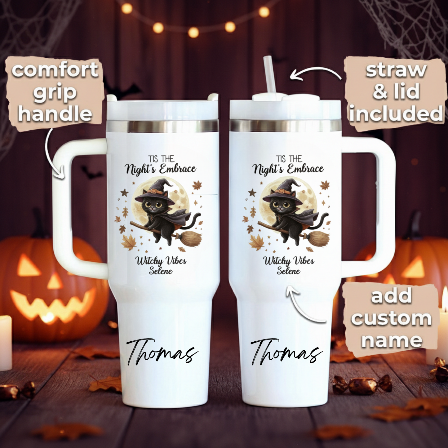 Custom Halloween Tumbler for Cat Lovers | Personalized Black Cat & Ghost Design | 20oz or 40oz Halloween Travel Cup | Perfect Customizable Gift for Halloween | Halloween Gift for Lovers, Mom