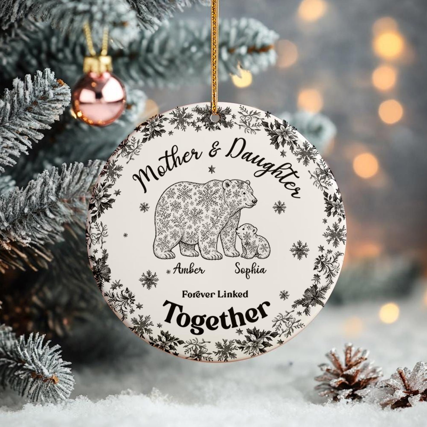Custom Bear Toile de Jouy Ceramic Ornament β Personalized Circle Ceramic Gift for Mom & Daughter/Son, Forever Linked Together