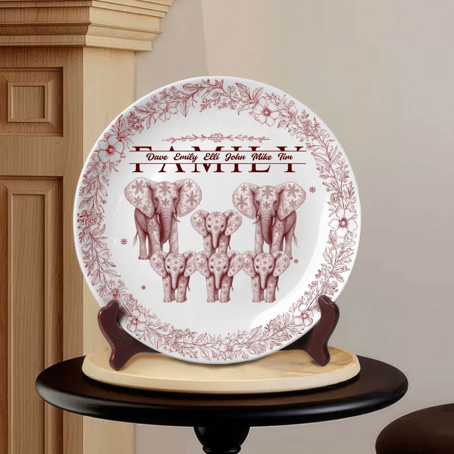 Custom Elephant Family Ceramic Plate with Stand – Personalized Gift for Home & Family Decor