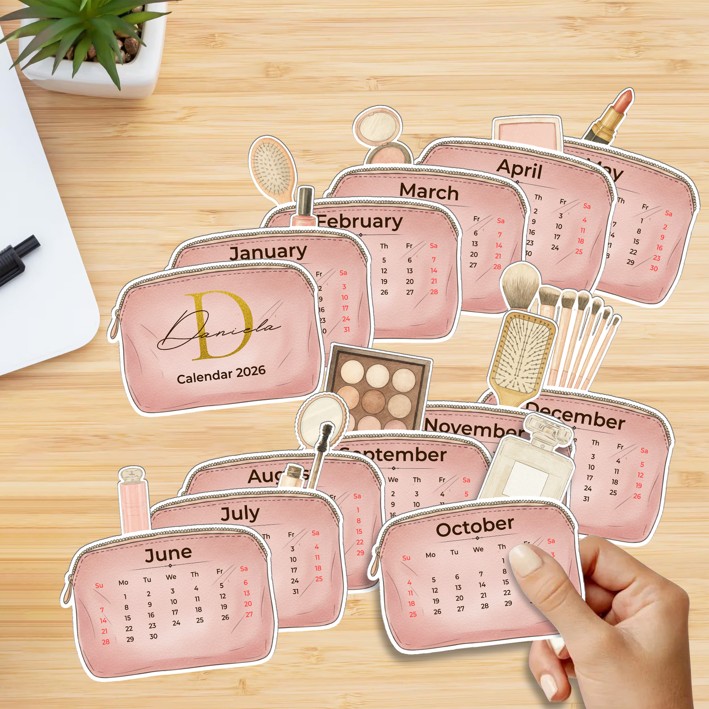 Custom Makeup Bag 2026 Calendar with Wooden Stand – Personalized Cosmetic Organizer Desk Decoration Gift