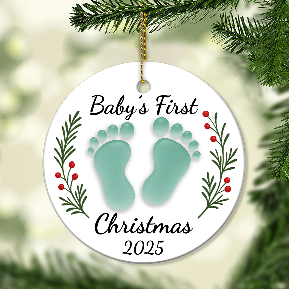 Custom Baby’s First Christmas Ceramic Ornament 2025 – Personalized Footprint Design, Pink & Blue Options, Newborn Keepsake Gift