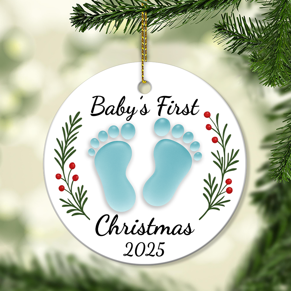 Custom Baby’s First Christmas Ceramic Ornament 2025 – Personalized Footprint Design, Pink & Blue Options, Newborn Keepsake Gift