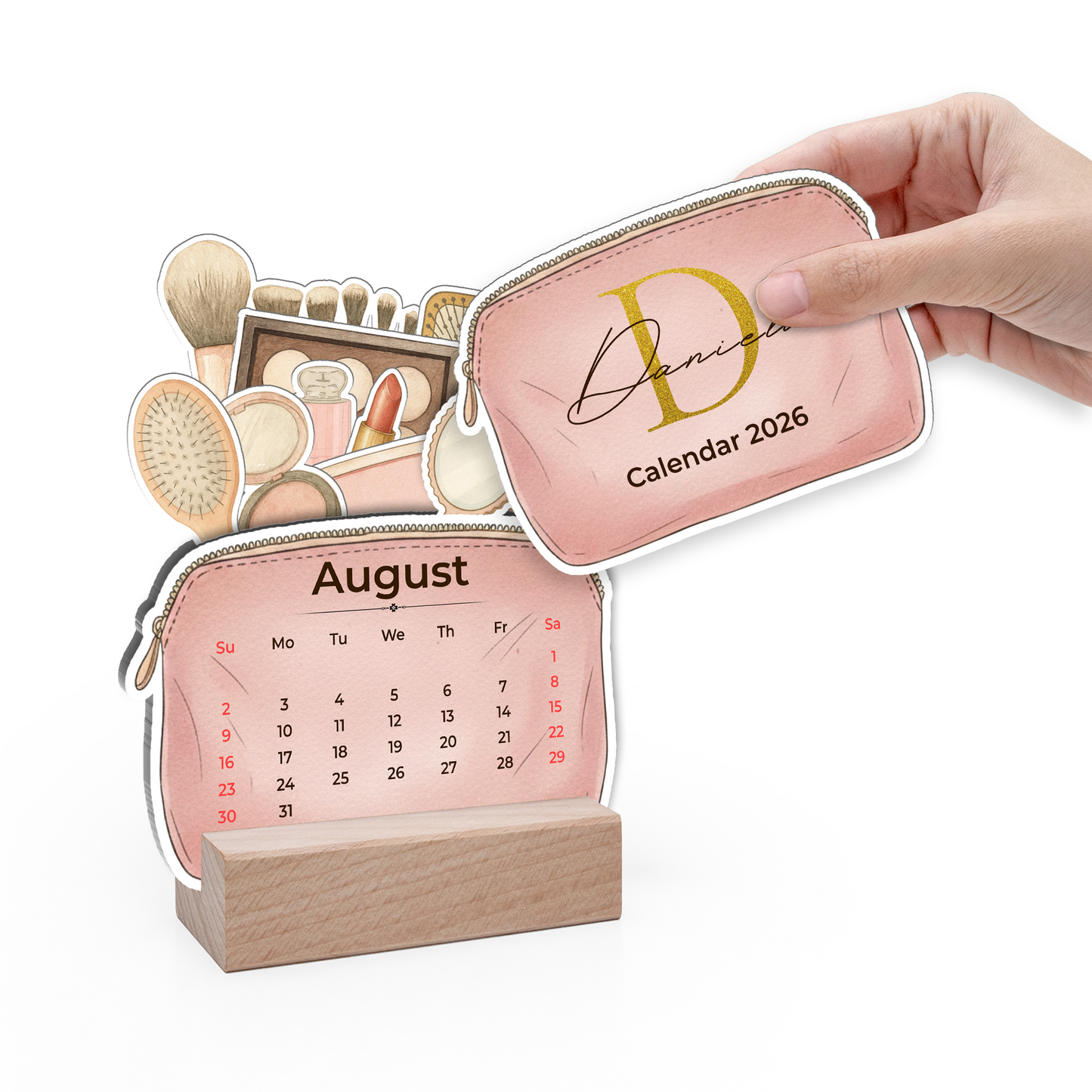 Custom Makeup Bag 2026 Calendar with Wooden Stand – Personalized Cosmetic Organizer Desk Decoration Gift