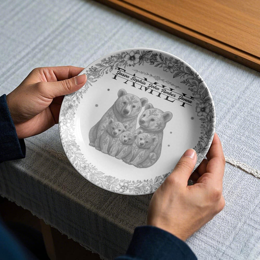 Custom Bear Family Ceramic Plate with Stand – Personalized Gift for Home & Family Decor