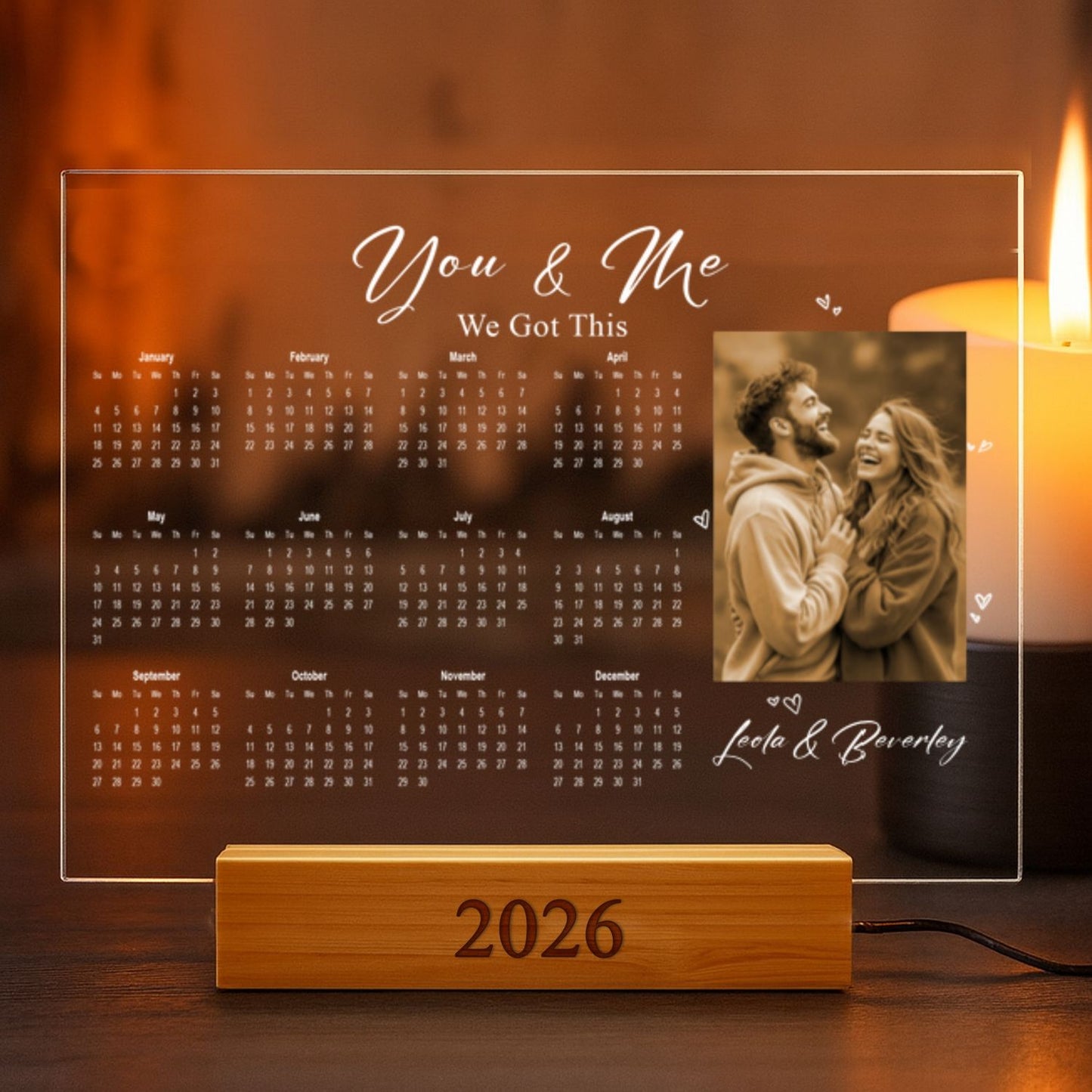 Custom LED Acrylic Calendar Lamp 2026 – “I Love You” Couple Version – Personalized Anniversary Gift with Photos & Names