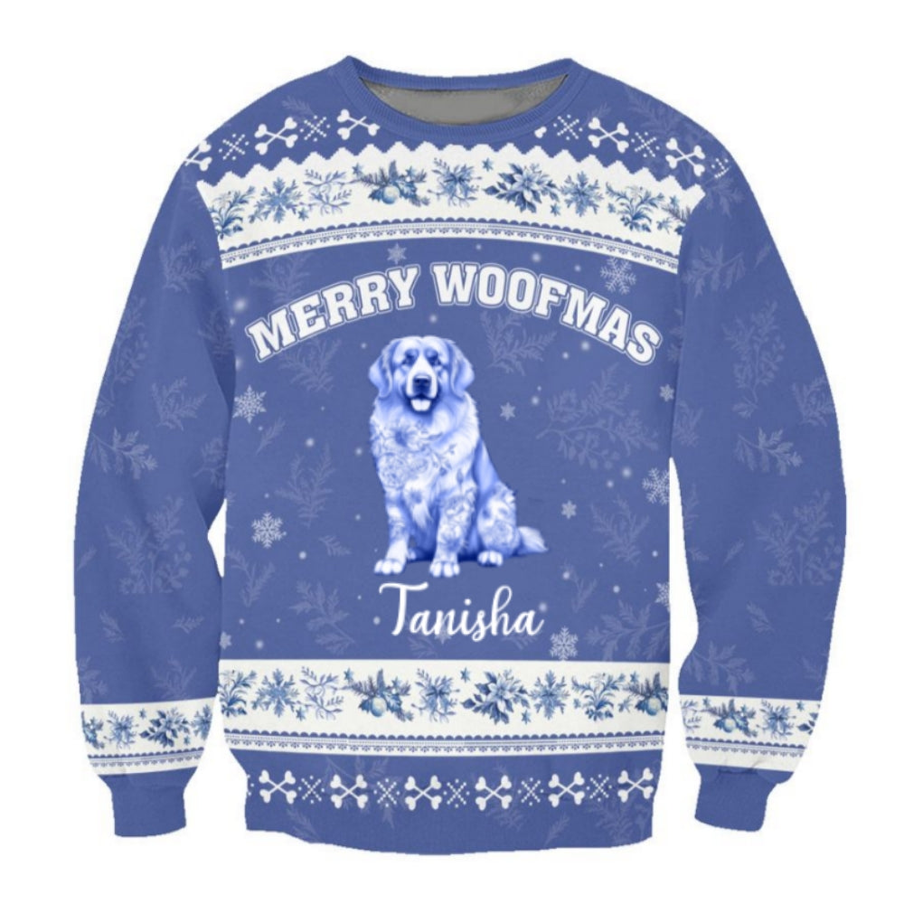 Custom Dog Lover Christmas Sweater – “Merry Woofmas” - Personalized Dog Image, Name & Color , Cozy Holiday Sweatshirt Gift for Pet Owners