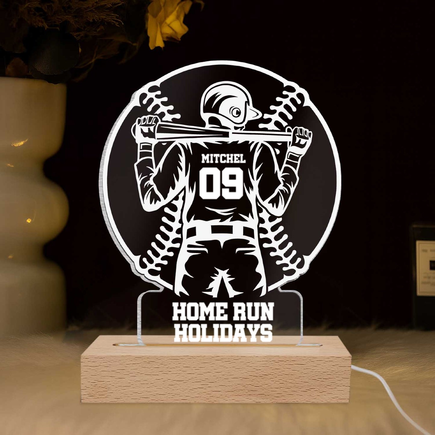 Baseball Player LED Night Light – Personalized Custom Name, Number & Quote Gift