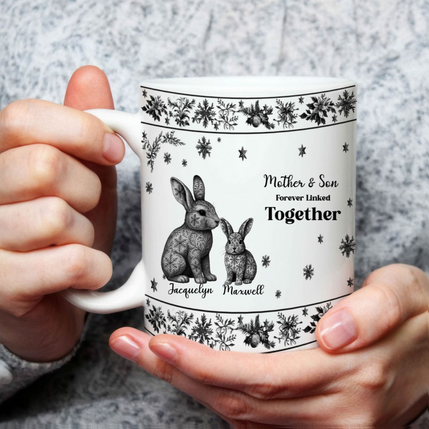 Custom Mother & Daughter / Mother & Son Rabbit Mug – “Forever Linked Together” - Personalized Names, Toile de Jouy Snowflake Bunny Design