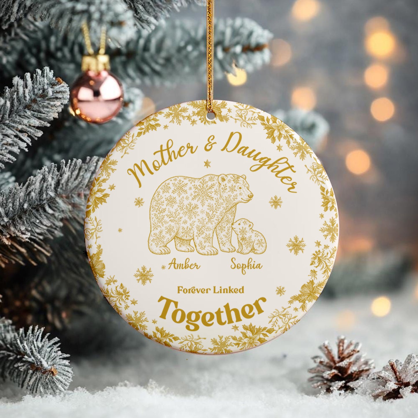 Custom Bear Toile de Jouy Ceramic Ornament β Personalized Circle Ceramic Gift for Mom & Daughter/Son, Forever Linked Together