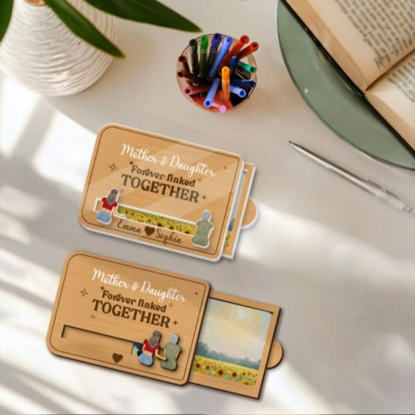 Custom Mother & Daughter Acrylic Card – “Forever Linked Together” - Personalized Names & Art Background