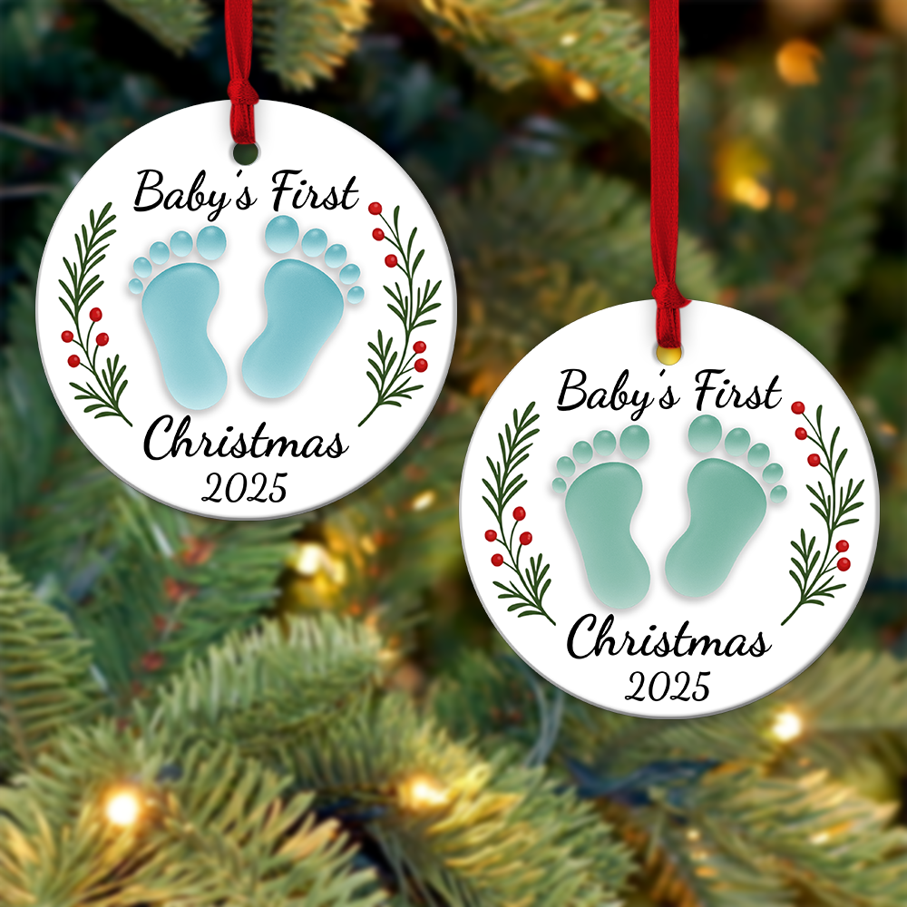 Custom Baby’s First Christmas Ceramic Ornament 2025 – Personalized Footprint Design, Pink & Blue Options, Newborn Keepsake Gift