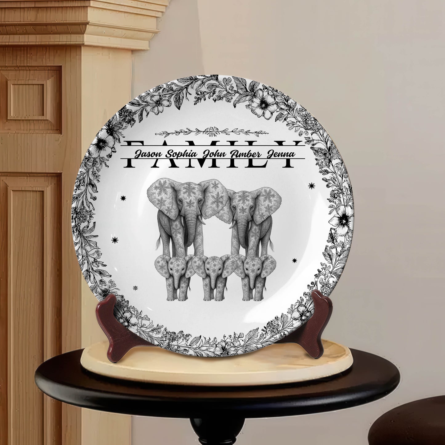 Custom Elephant Family Ceramic Plate with Stand – Personalized Gift for Home & Family Decor
