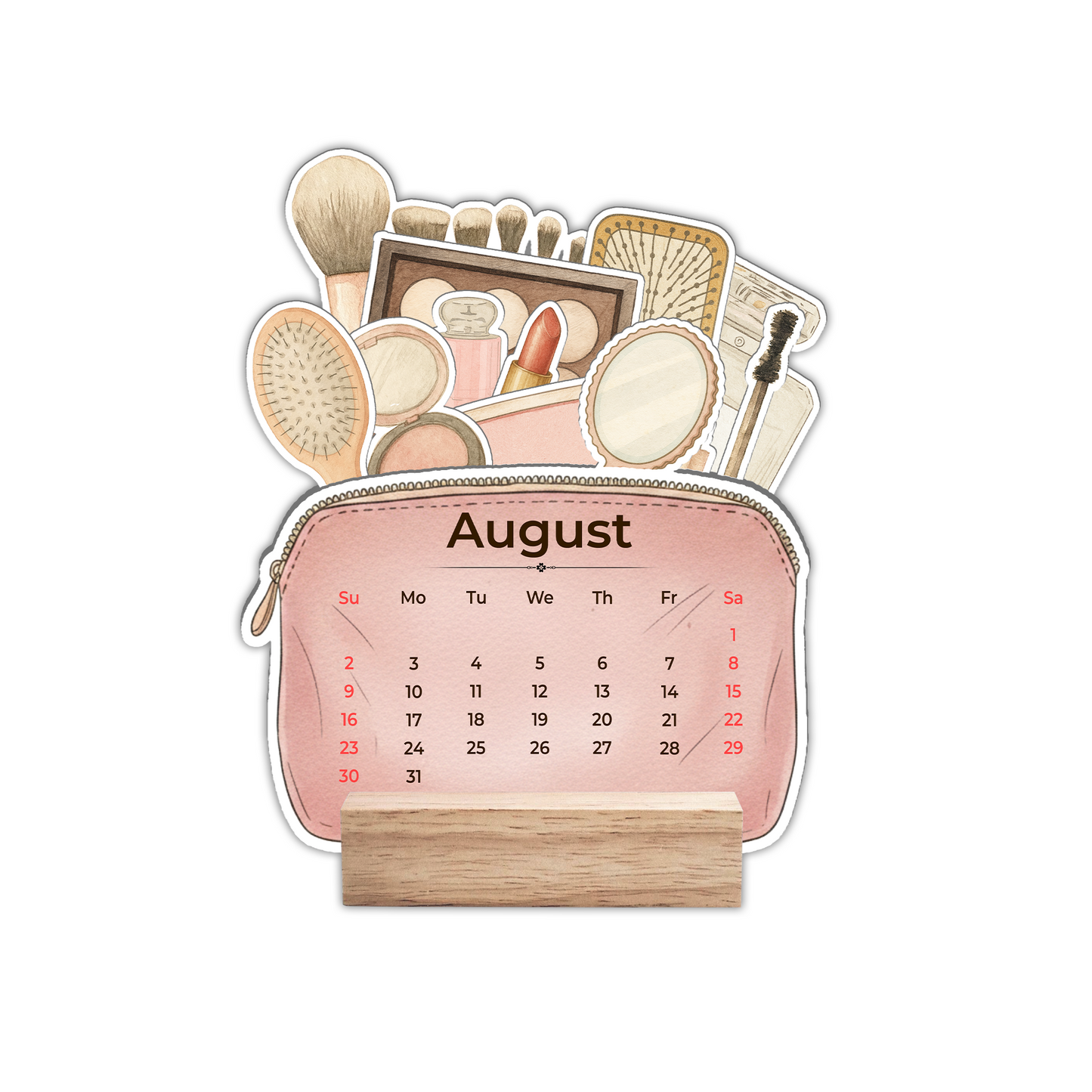Custom Makeup Bag 2026 Calendar with Wooden Stand – Personalized Cosmetic Organizer Desk Decoration Gift