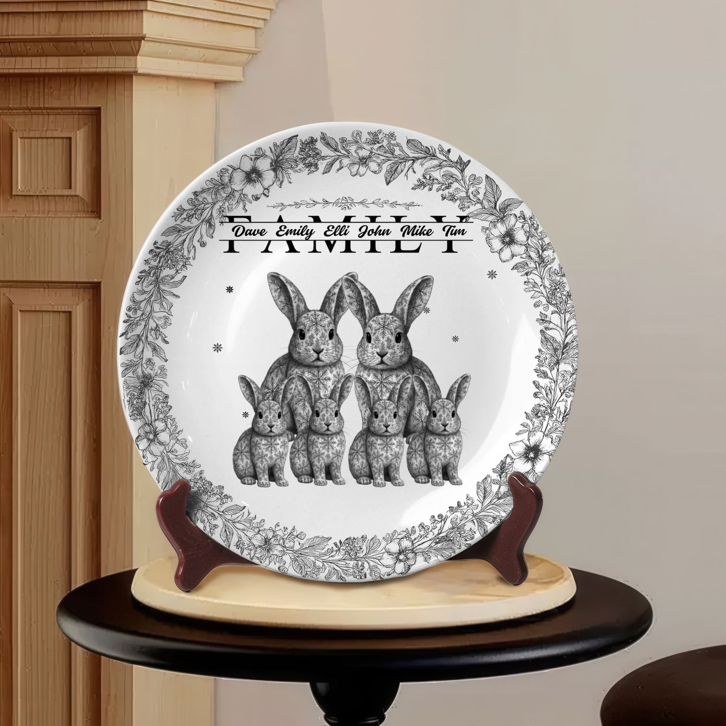 Custom Rabbit Family Ceramic Plate with Stand – Personalized Gift for Home & Family Decor
