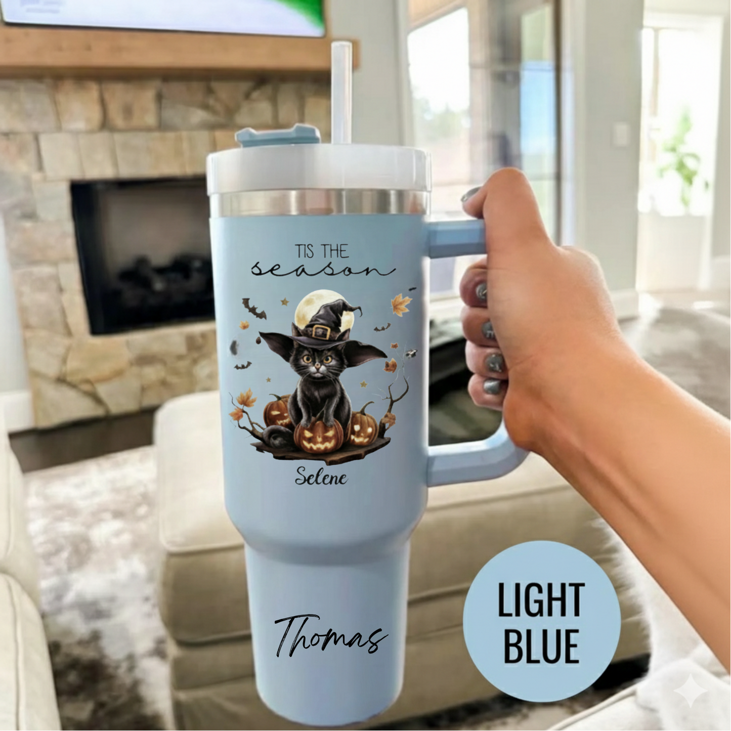 Custom Halloween Tumbler for Cat Lovers | Personalized Black Cat & Ghost Design | 20oz or 40oz Halloween Travel Cup | Perfect Customizable Gift for Halloween | Halloween Gift for Lovers, Mom