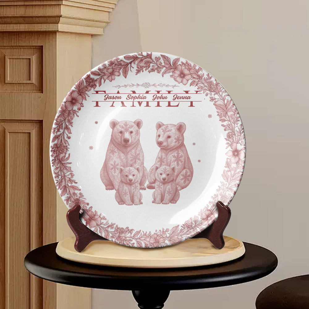 Custom Bear Family Ceramic Plate with Stand – Personalized Gift for Home & Family Decor