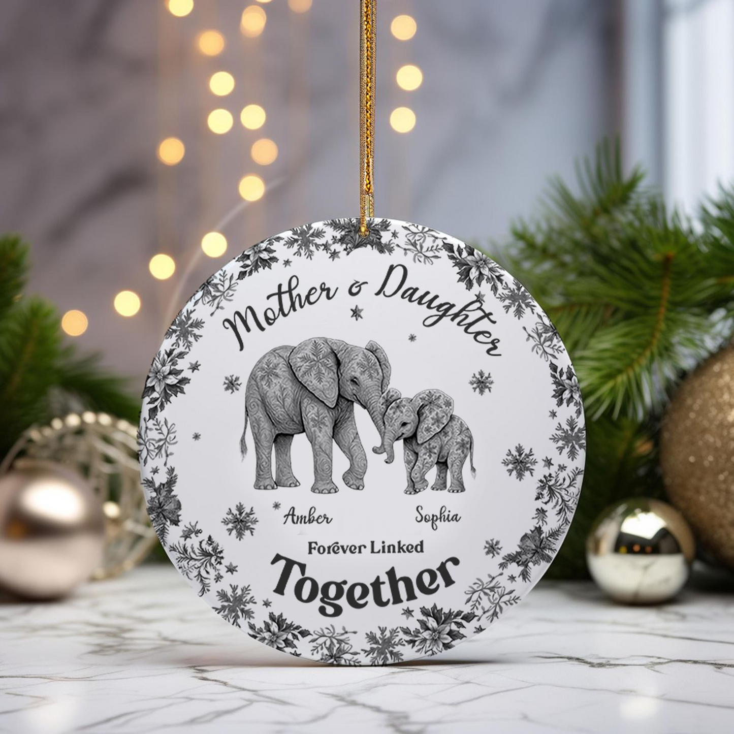 Custom Elephant Toile de Jouy Ceramic Ornament β Personalized Circle Ceramic Gift for Mom & Daughter/Son, Forever Linked Together
